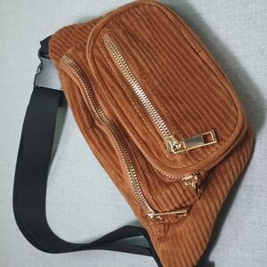 Crossi Corduroy Crescent Adjustable Crossbody Sling/Waist Bag Unisex Brown